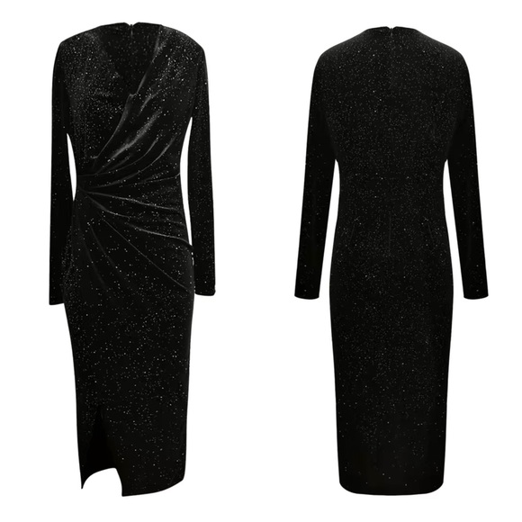 Black Velvet Ruched Bodycon High Slit Dress - Picture 4 of 5